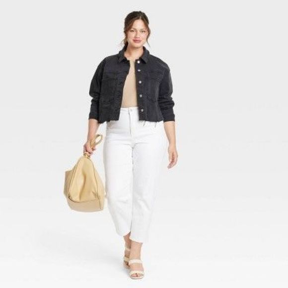 Women's Plus Size Cropped Denim Jacket - Ava & Viv Black Denim 3X - Picture 2 of 2